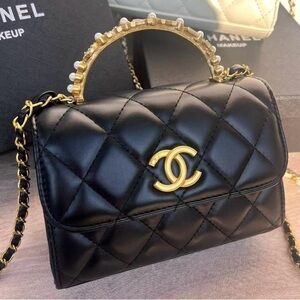 GWP Chanel Black Quilted Leather Crossbody Bag with pearl top handle